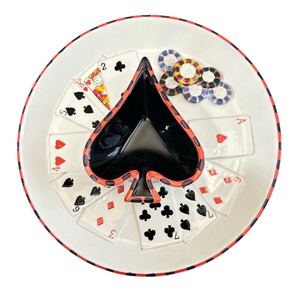 Poker Theme Chip and Dip Majolica Style Ceramic Cards  Tray